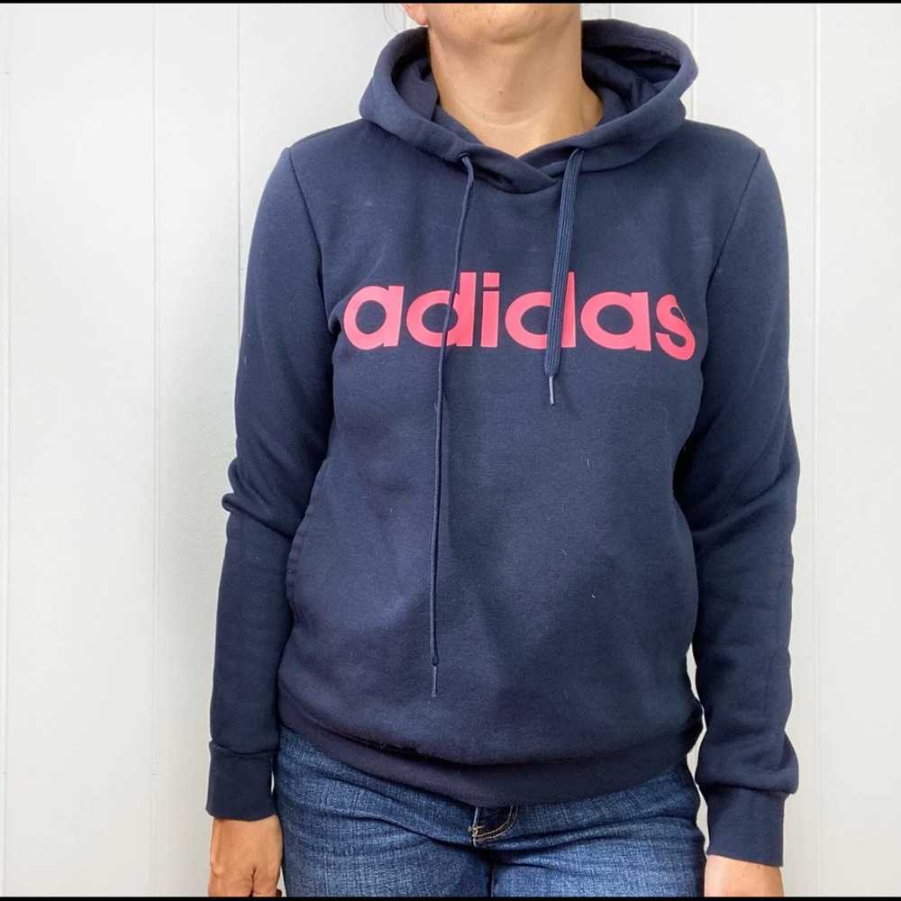 Adidas Small Hoodie Sweatshirt Navy Blue Pink Logo